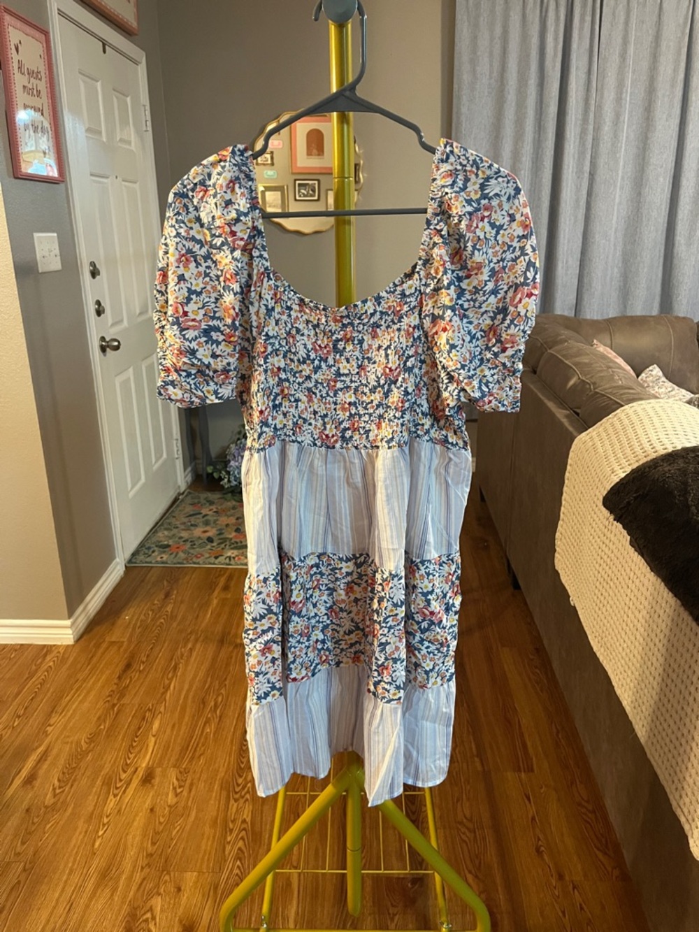 Umgee Floral Patchwork Mini Dress in Navy Blue, White, Coral